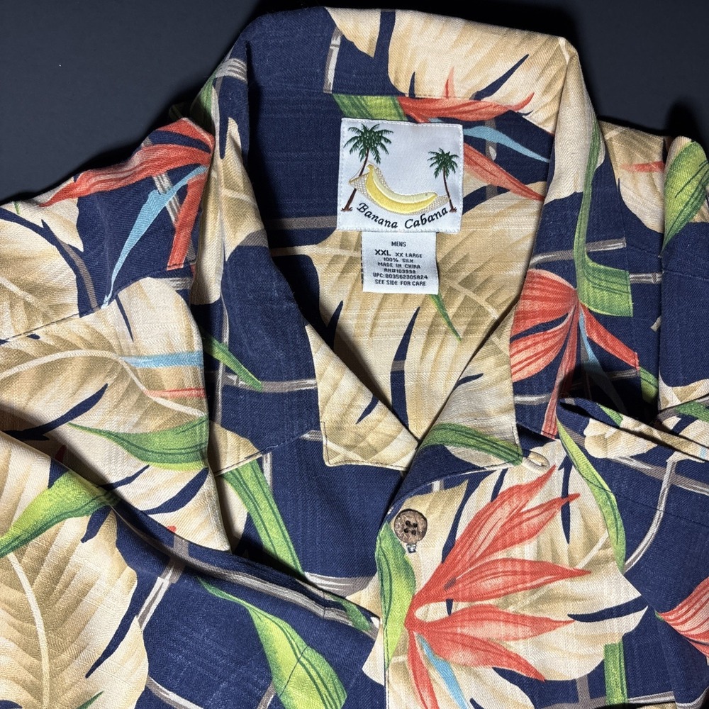 Men's 100% Silk Tropical Shirt Banana Cabana 2XL  Short Sleeve Button Up Navy‎